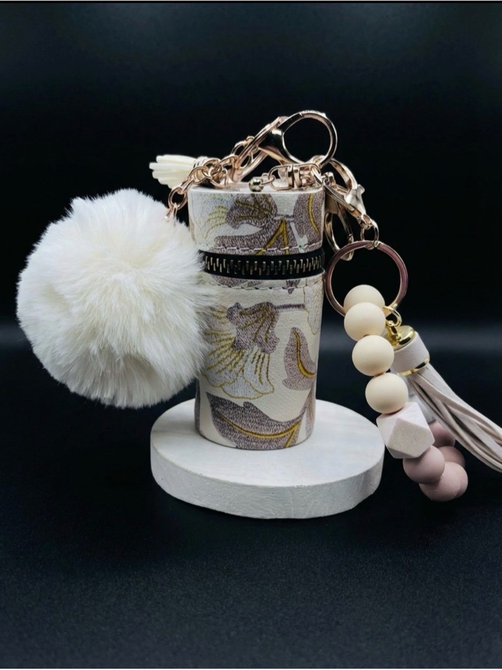 Floral Print Lipstick Holder or Coin purse Keychain with Faux Fur Pom